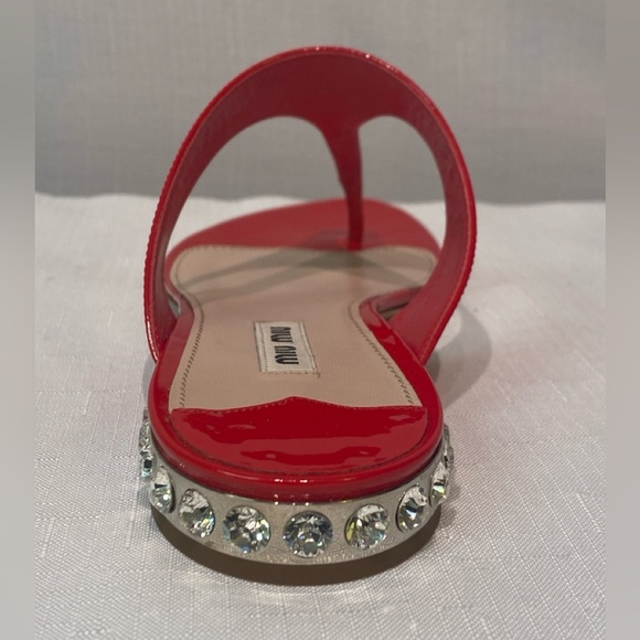 Miu Miu Thong Sandals Red Patent Leather  Metal & Rhinestone Low Heel 8.5B Italy - Picture 8 of 15